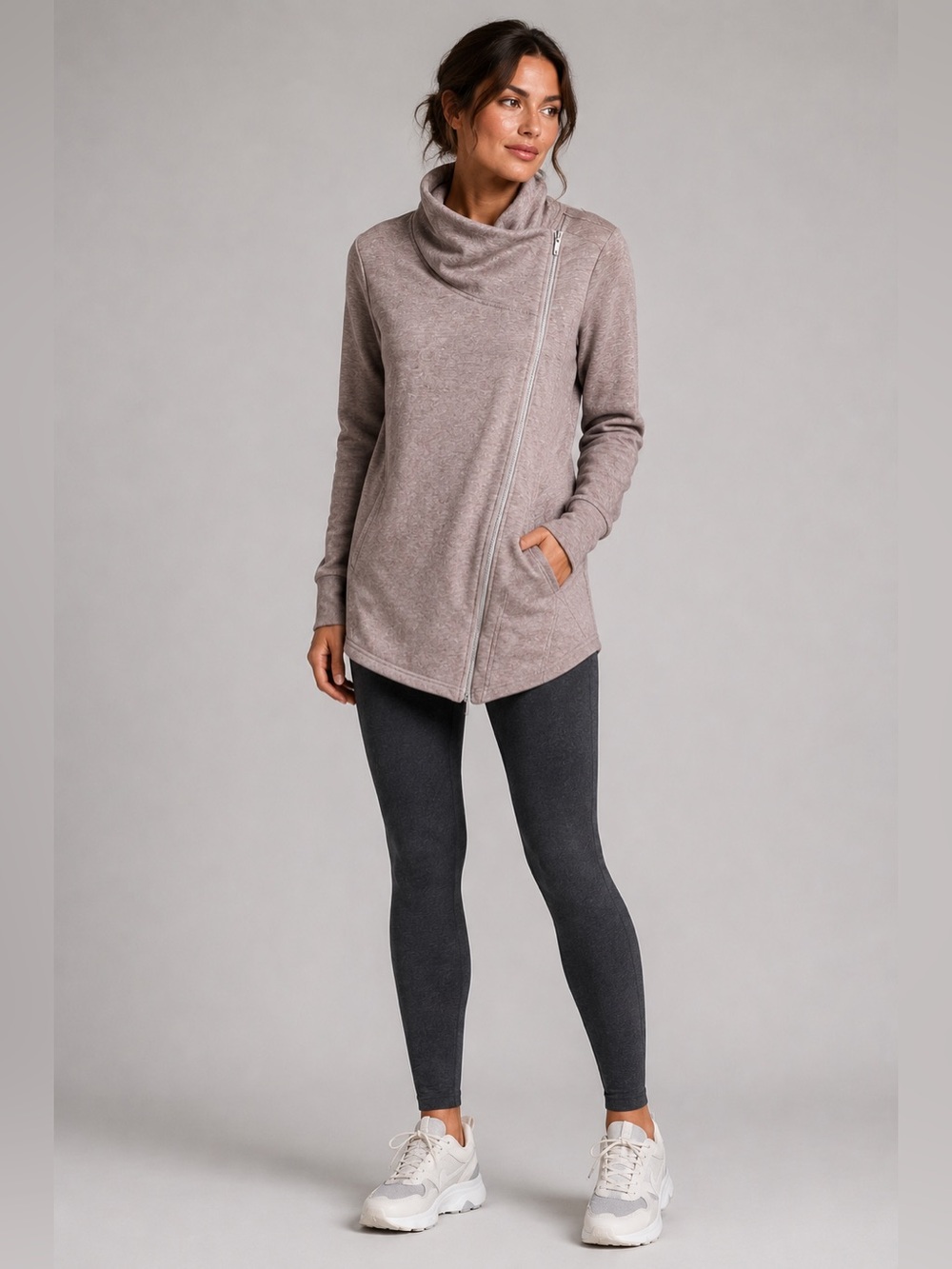 Hyba Asymmetrical Zip Tunic Large Funnel Neck Athleisure Mauve Pink